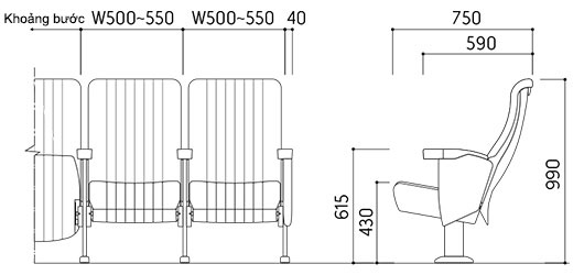 Bản vẽ chi tiết kích thước ghế nhà hát, rạp chiếu phim Kotobuki Sea TSA-502544HT