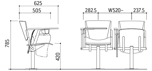 Bản vẽ kích thước ghế giảng đường trường học Kotobuki Sea TSA-0936T, TSA-0936TZ, TSA-0936TM